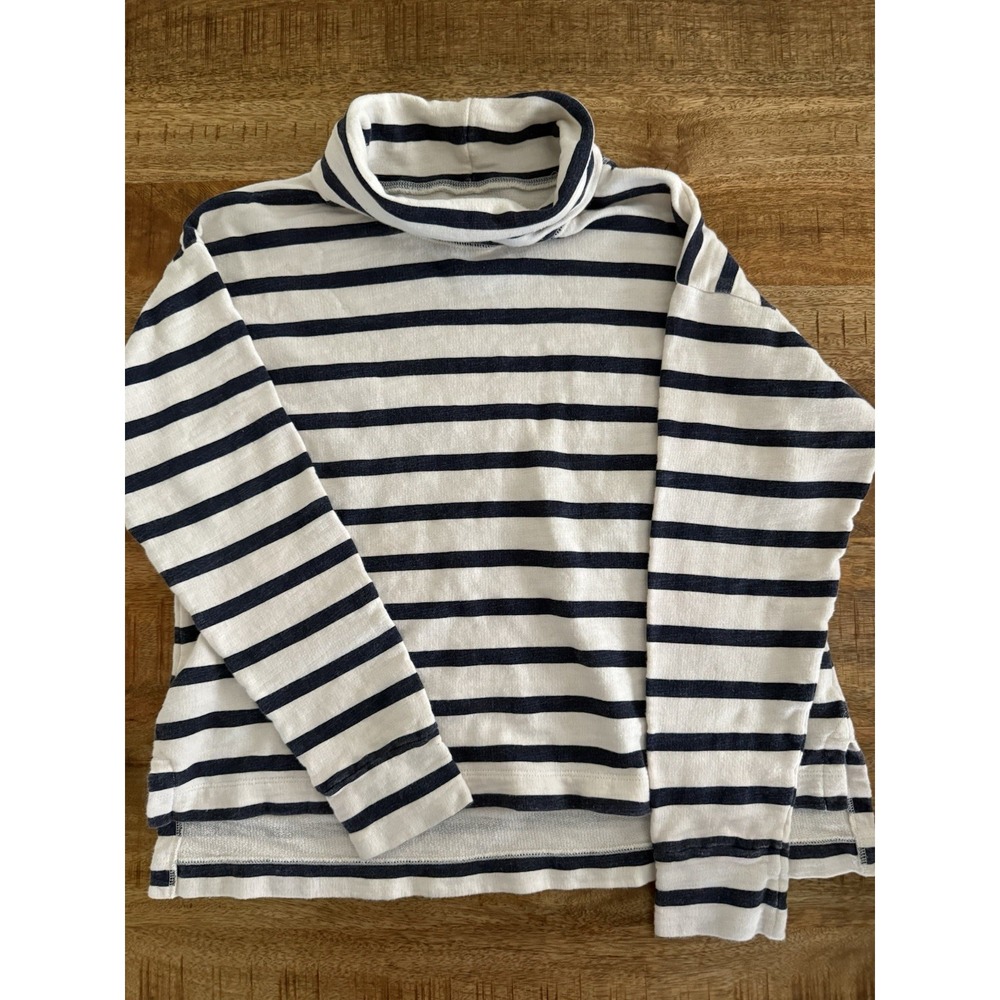 J Crew Vintage Fleece Striped Turtleneck Sweater Womens Small Navy White